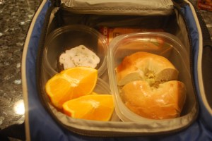 mock tuna on a bagel, orange slices, chocolate lime meltaways and chocolate hazelnut milk for lunch