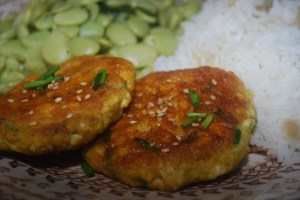 Garlic Ginger Tofu Cakes, lima beans and rice